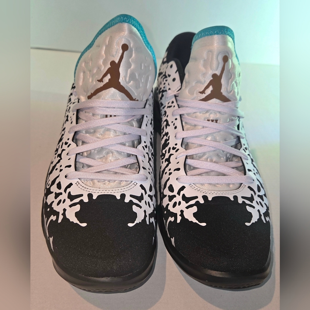 Jordan Black and White Sneakers with Teal and Bronze Accents